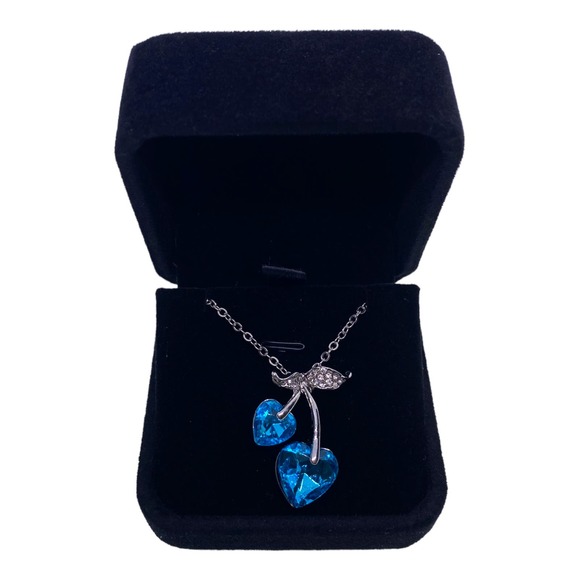 Imitation Blue Topaz Cubic Zirconia CZ Gemstone Cherry Cherries Heart Necklace - Picture 1 of 5